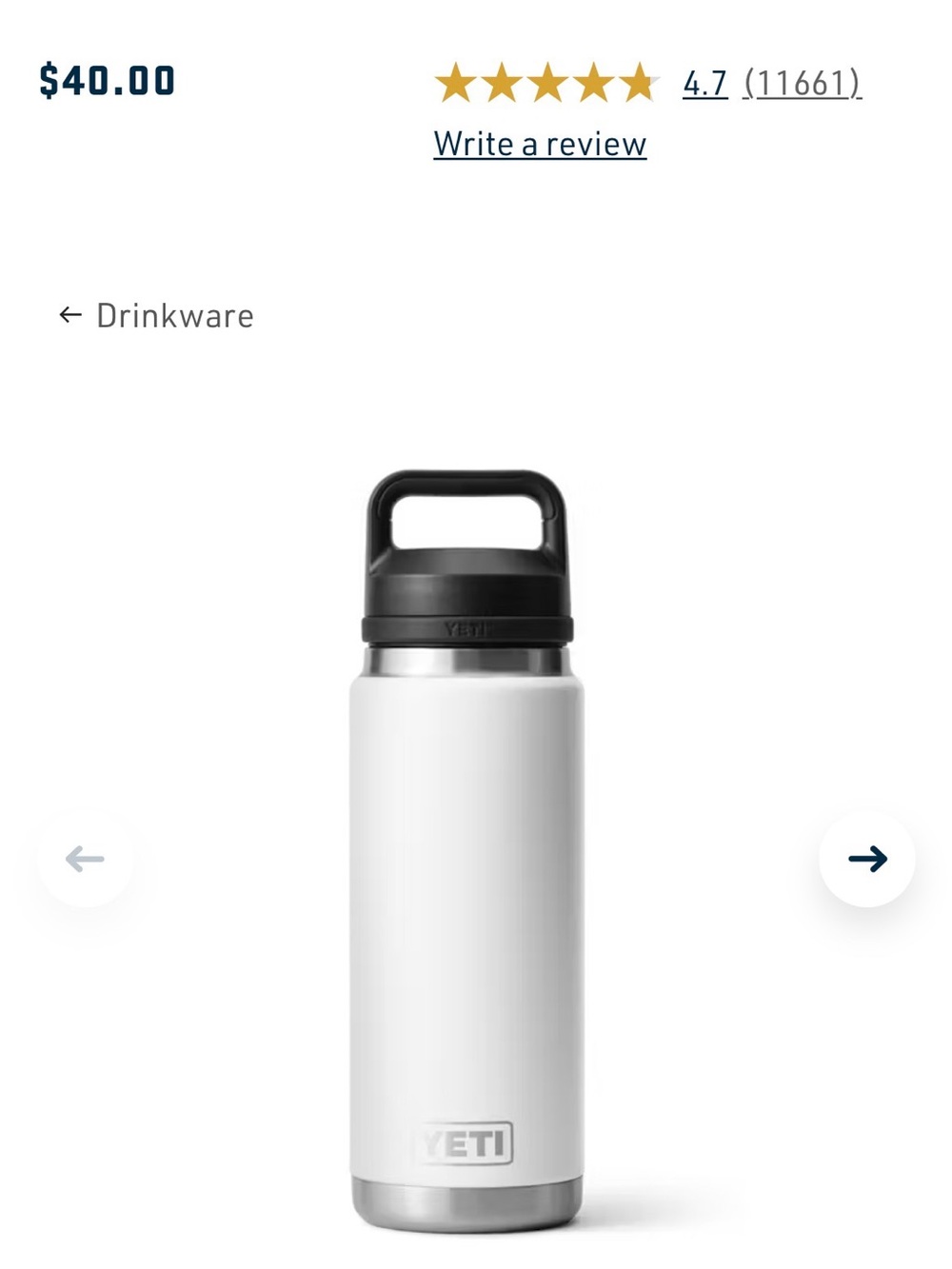 Yeti Blue Rambler Water Bottle with Black Carry Cap